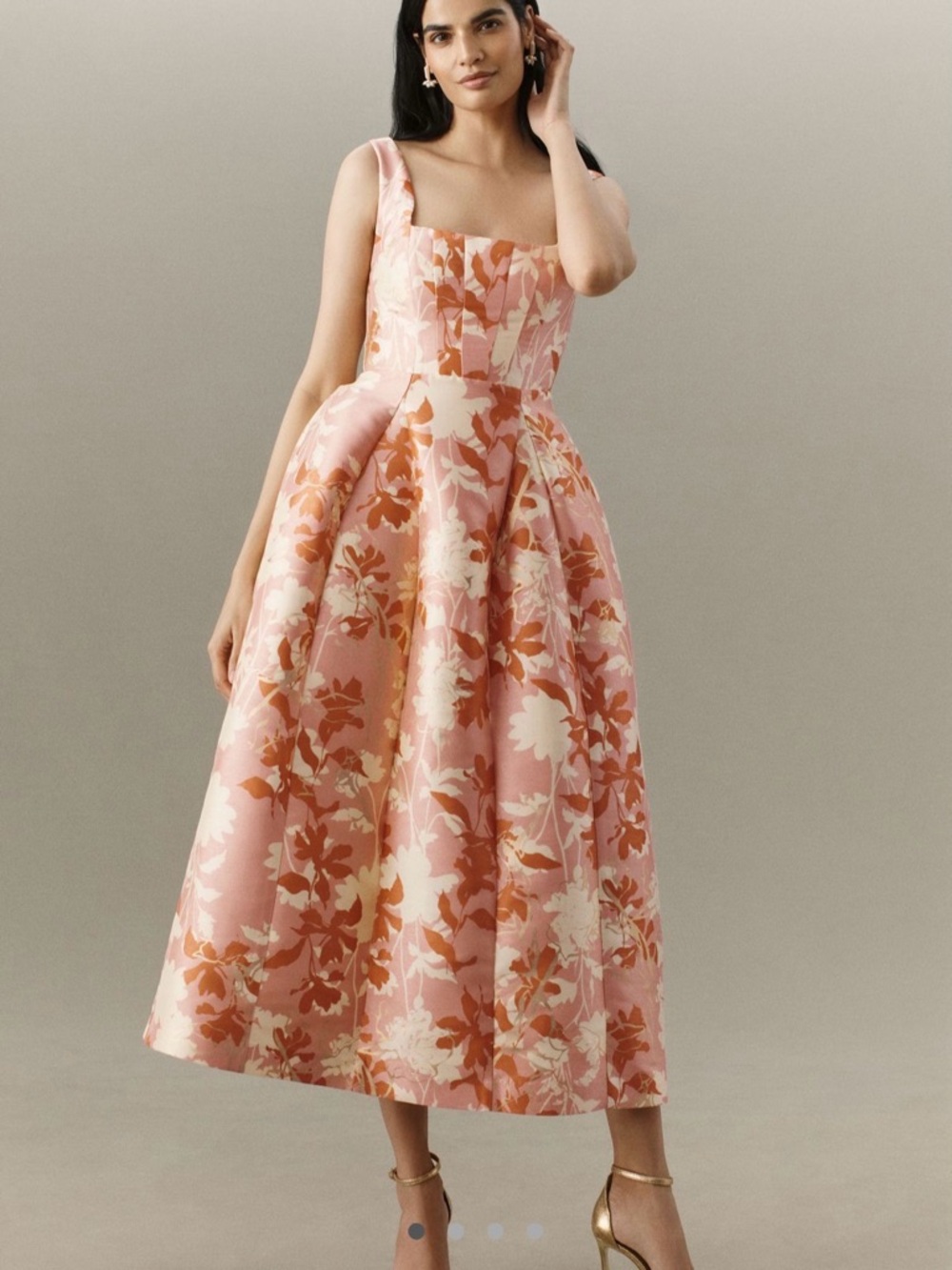 BHLDN Pink and Cream Floral Square-Neck Midi Dress